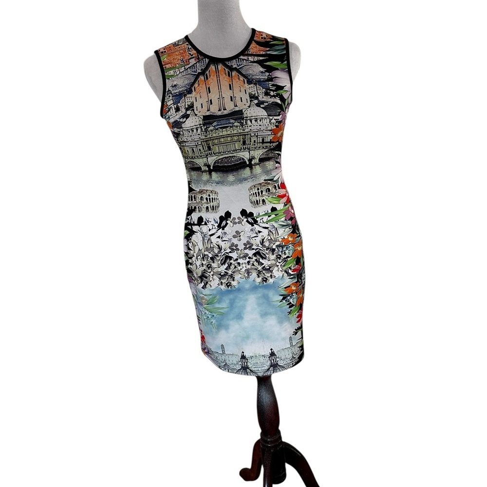 COCOOM MULTI COLORED MINI DRESS W/SLEEVELESS DESIGN,UNIQUE PRINT SZ M